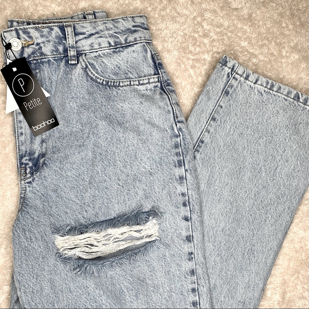 PETITE HIGH WAIST DISTRESSED SPLIT HEM JEAN